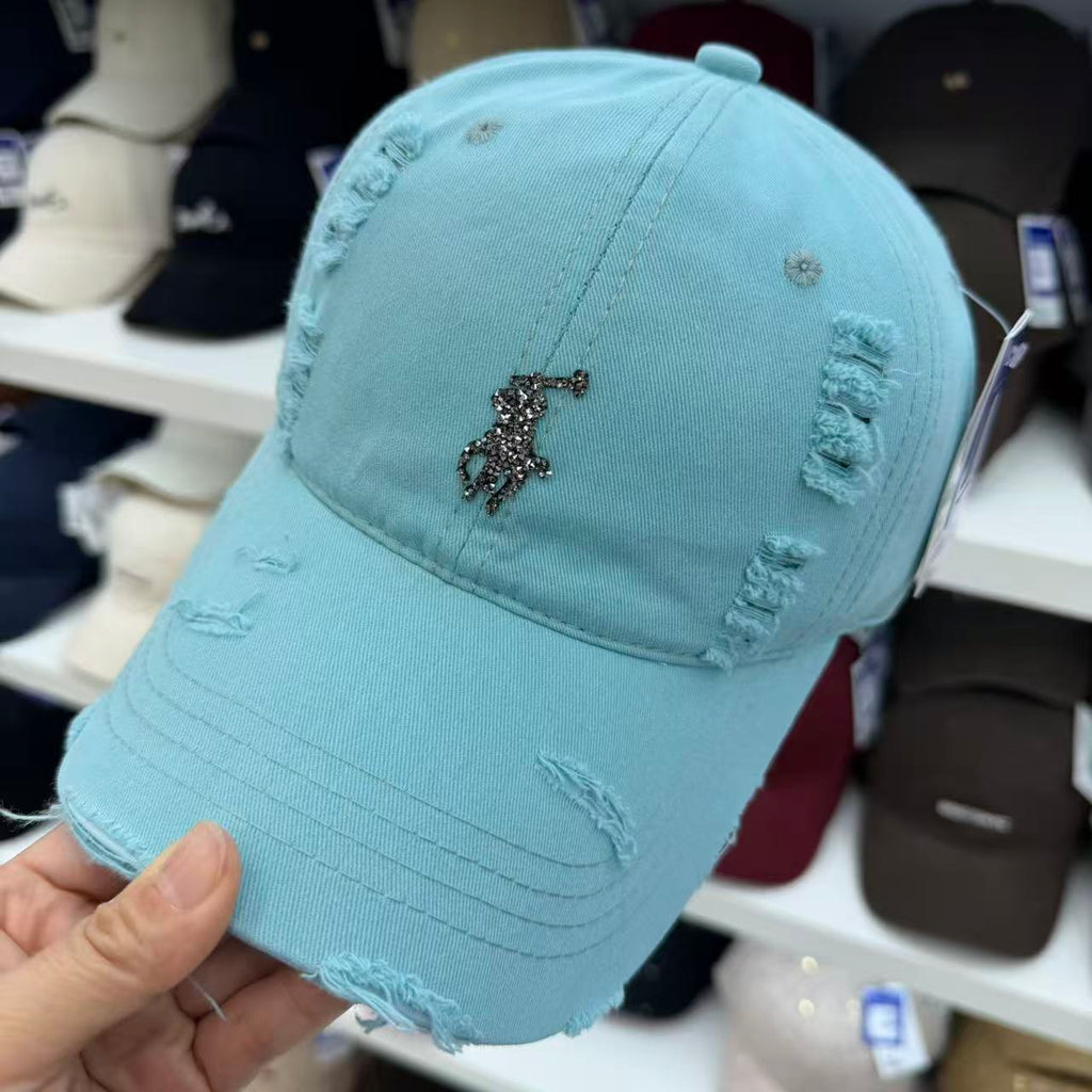 Rhinestone Equestrian Washed Distressed Baseball Cap – Vintage Ripped Cotton Hat