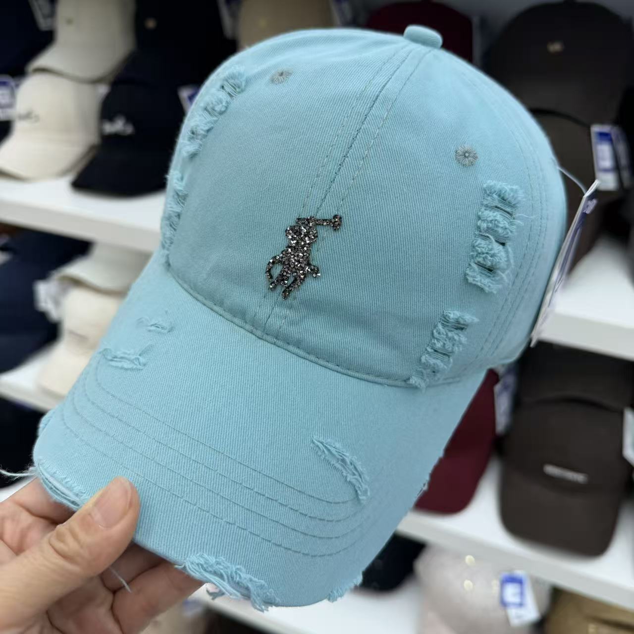 Rhinestone Equestrian Washed Distressed Baseball Cap – Vintage Ripped Cotton Hat