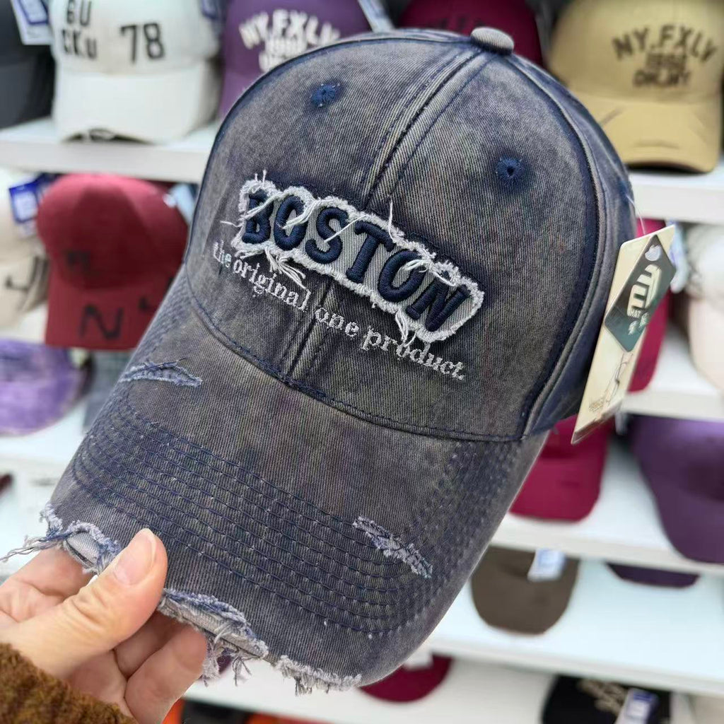 BOSTON Embroidered Washed Distressed Baseball Cap – Vintage Ripped Cotton Hat