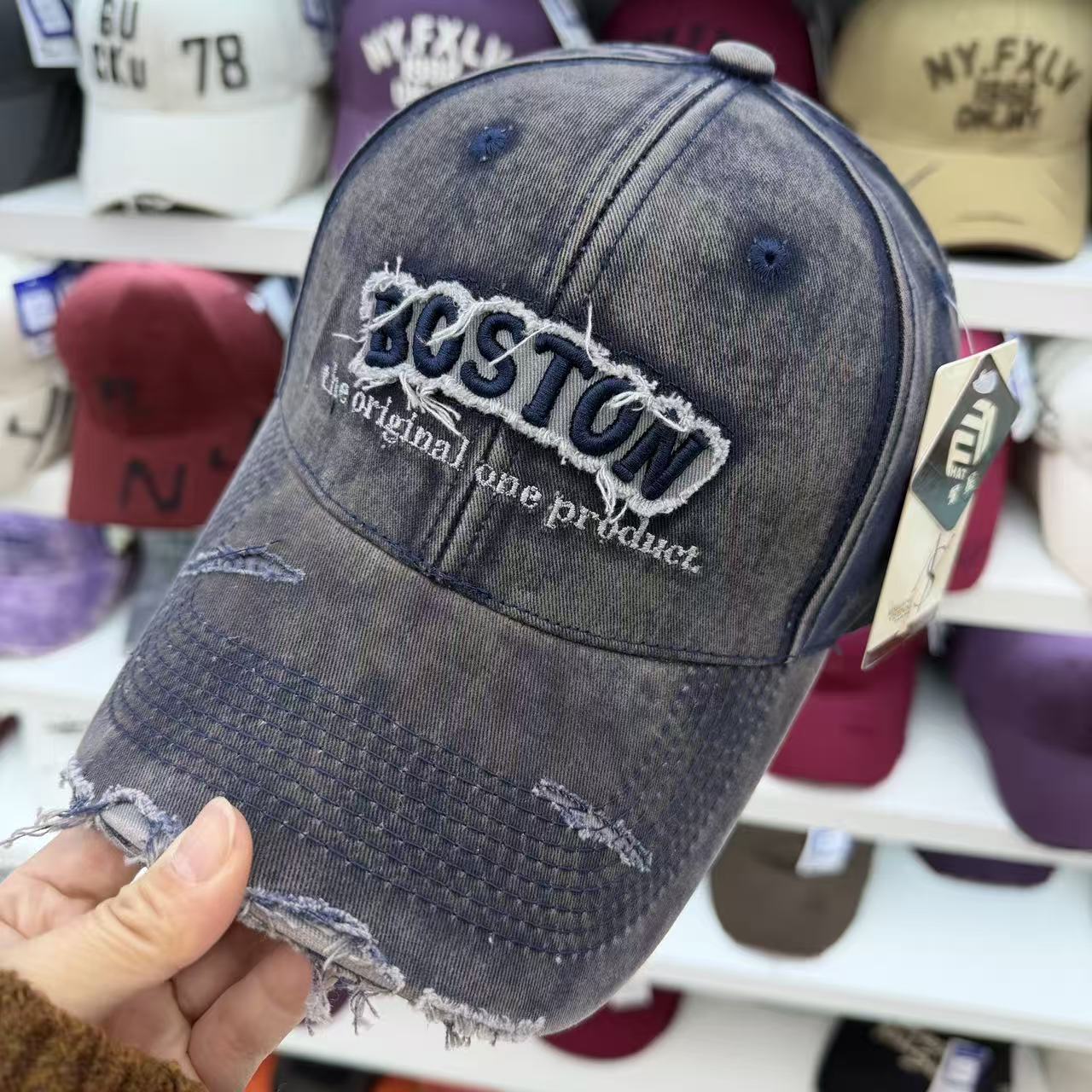 BOSTON Embroidered Washed Distressed Baseball Cap – Vintage Ripped Cotton Hat