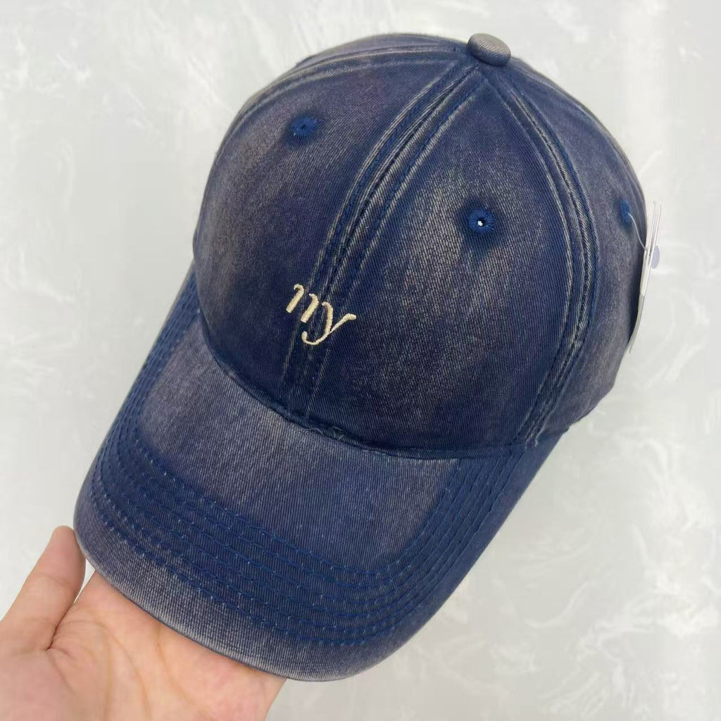 Cursive ny Script Embroidered Washed Cotton Baseball Cap - Minimalist Soft Top Vintage Hat