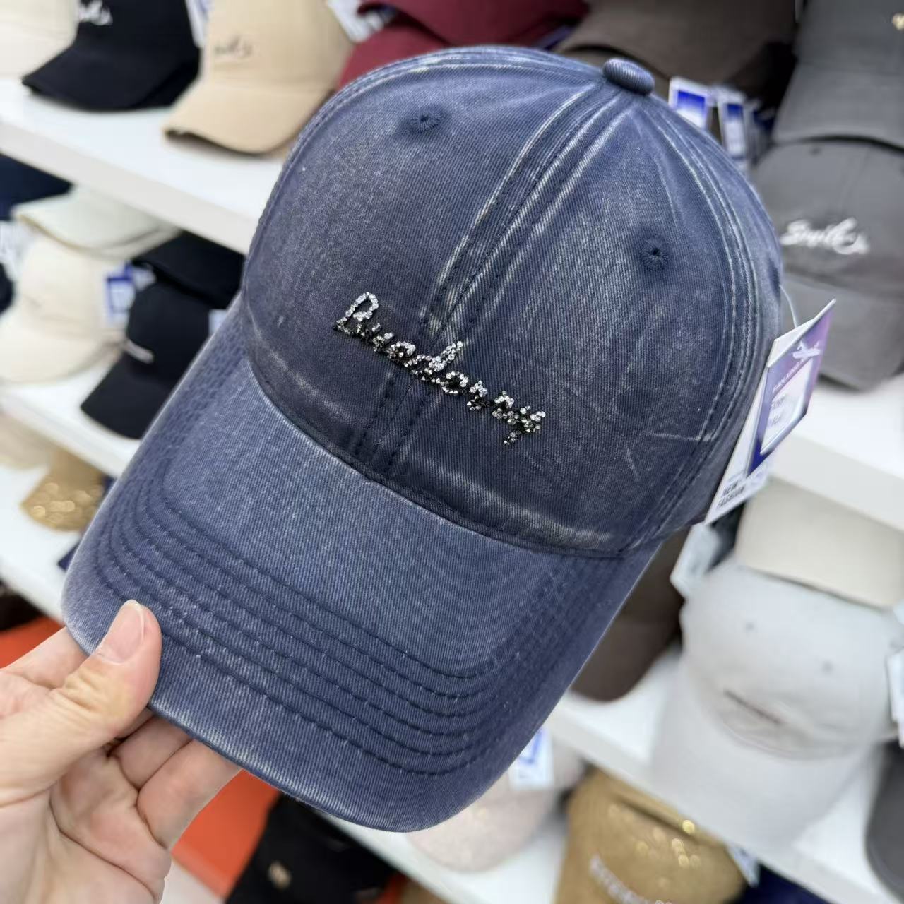 Crystal Rhinestone Cursive Script Washed Cotton Baseball Cap - Glamour Soft Top Vintage Hat 6 Colors