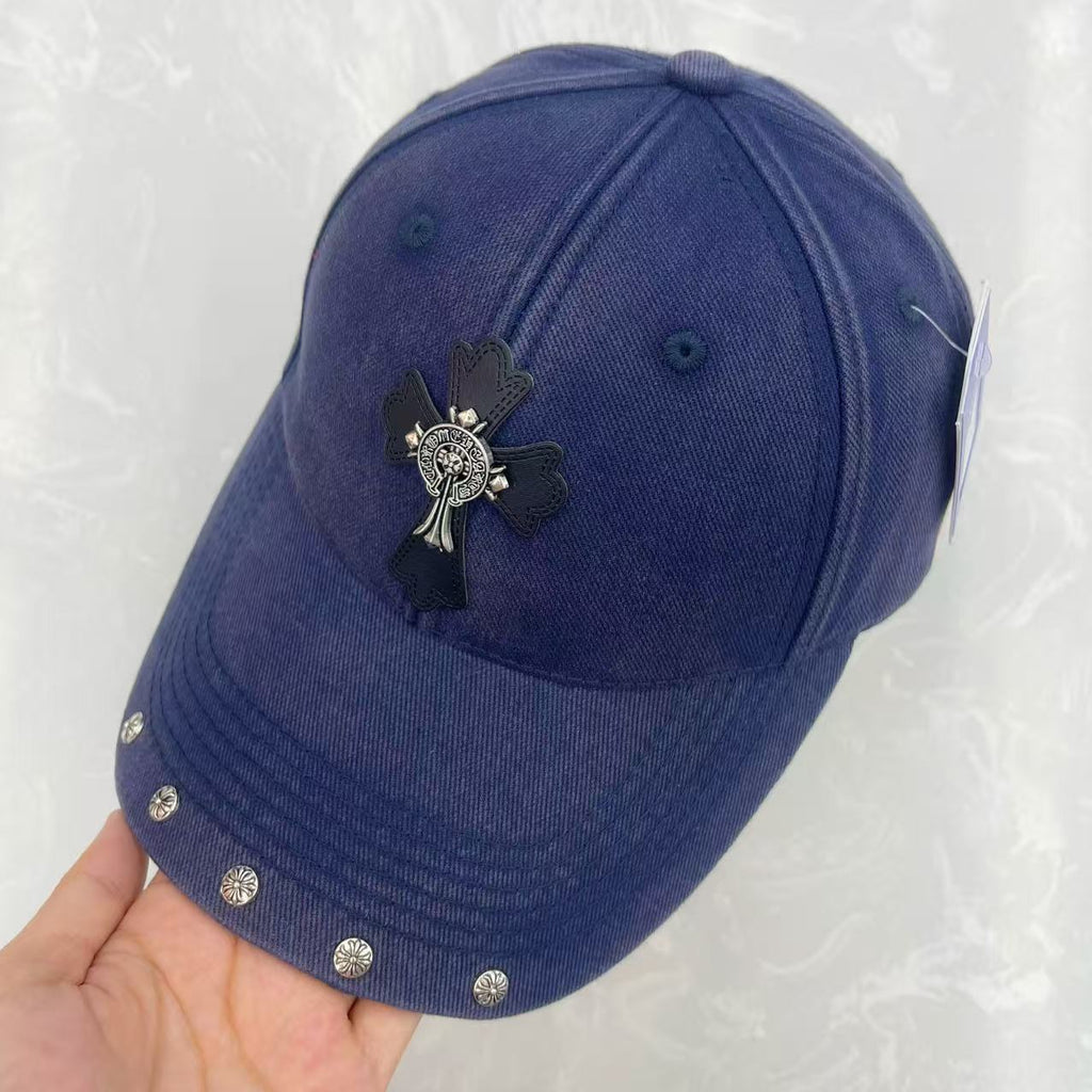 Gothic Cross Leather Patch Medallion Badge Floral Rivet Washed Cotton Baseball Cap - Dark Luxury Street Hat 6 Colors