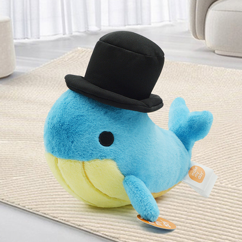 Make My Day Ocean Series | Gentleman Whale Plush Toy & Keychain Charm – Chubby Blue Whale with Top Hat