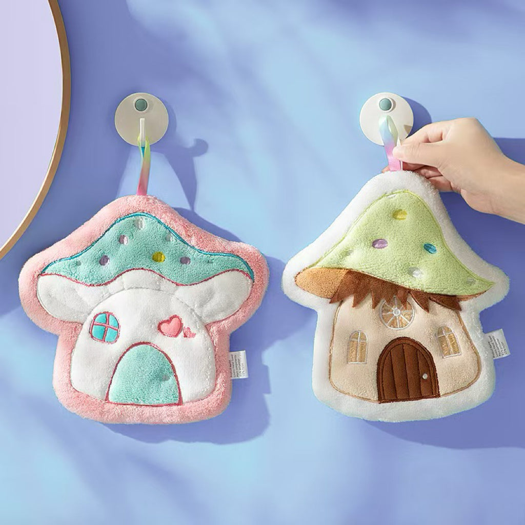 Fairy Tale Mushroom House Hanging Hand Towel | Embroidered Coral Fleece, Kids Gift