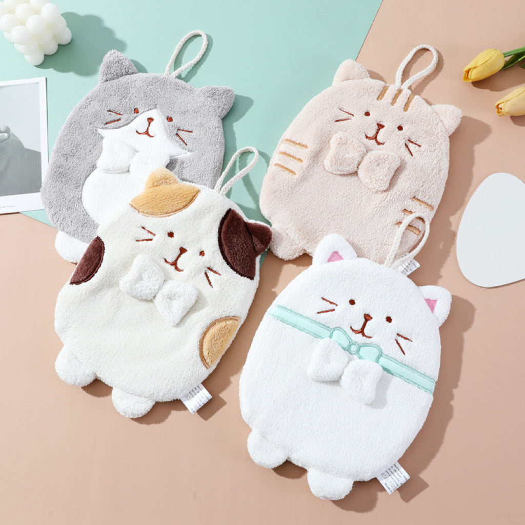 Cute Cat Hanging Hand Towel | 3D Embroidered, Thick & Lint-Free Coral Fleece