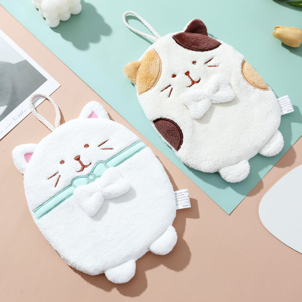 Cute Cat Hanging Hand Towel | 3D Embroidered, Thick & Lint-Free Coral Fleece