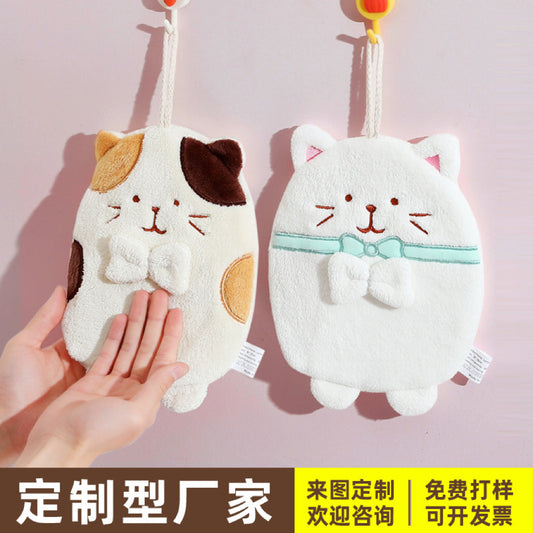 Cute Cat Hanging Hand Towel | 3D Embroidered, Thick & Lint-Free Coral Fleece