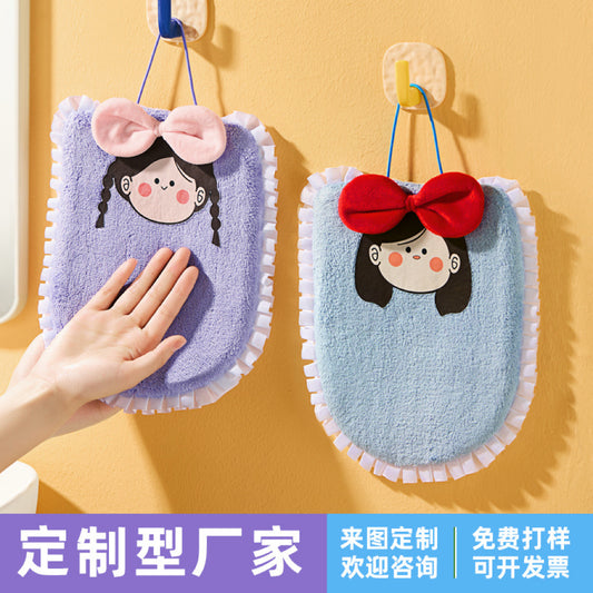 Lace Girl Hanging Hand Towel | 3D Bow, Ruffle Edge Coral Fleece, Sweet Gift