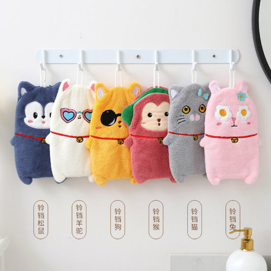 Bell Animal Hanging Hand Towel | 6 Plush Designs with Lucky Bell, Coral Fleece Gift