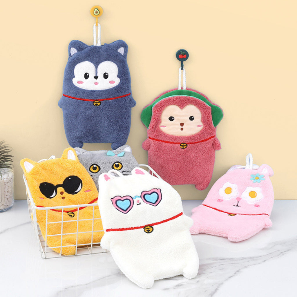 Bell Animal Hanging Hand Towel | 6 Plush Designs with Lucky Bell, Coral Fleece Gift