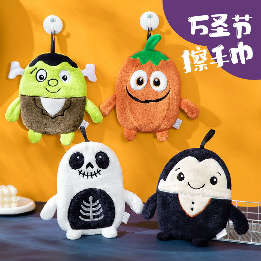Halloween Plush Character Hanging Hand Towel | 4 Spooky Designs, Thick Coral Fleece