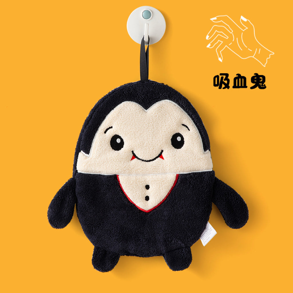 Halloween Plush Character Hanging Hand Towel | 4 Spooky Designs, Thick Coral Fleece