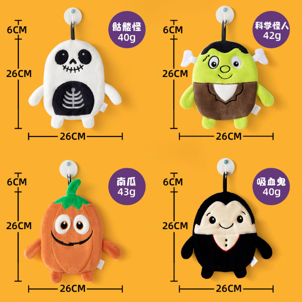 Halloween Plush Character Hanging Hand Towel | 4 Spooky Designs, Thick Coral Fleece
