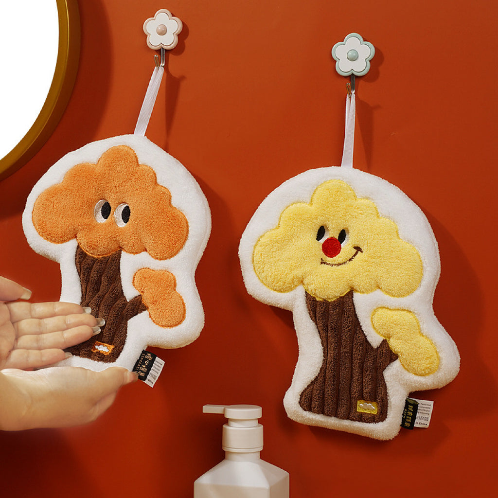 Fluffy Mushroom Tree Hanging Hand Towel | 3D Textured Coral Fleece, Fun Kids Gift