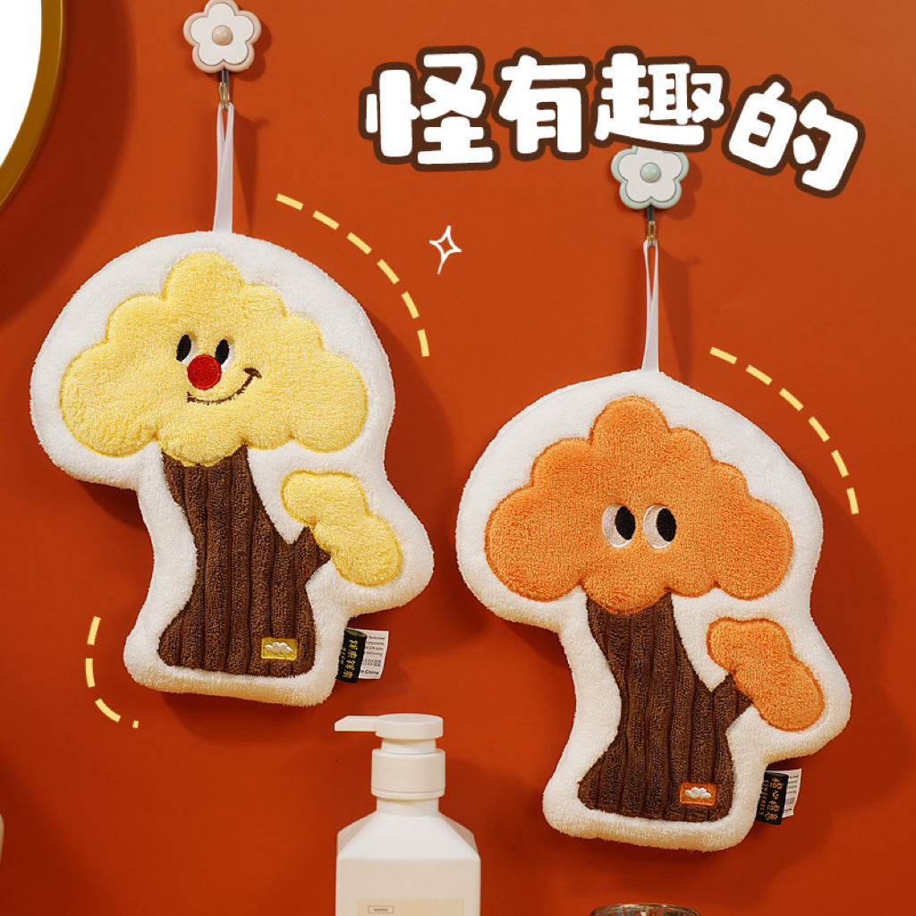 Fluffy Mushroom Tree Hanging Hand Towel | 3D Textured Coral Fleece, Fun Kids Gift