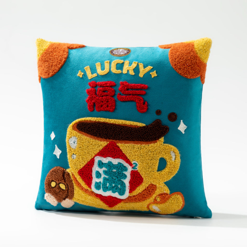 Chinese New Year Blessing Tufted Throw Pillow | 3D Raised Embroidery, 3 Auspicious Designs, Festive Home Decor