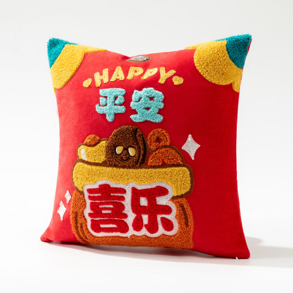 Chinese New Year Blessing Tufted Throw Pillow | 3D Raised Embroidery, 3 Auspicious Designs, Festive Home Decor