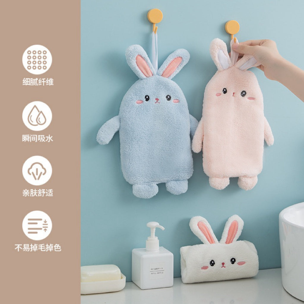 Plush Bunny Full-Body Hanging Hand Towel | 3D Stuffed Toy Design, Ultra-Soft Coral Fleece