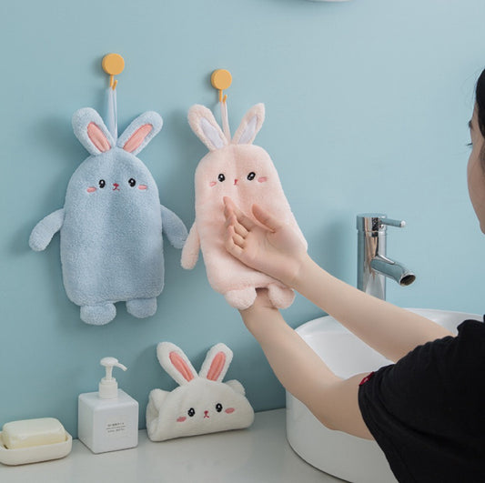 Plush Bunny Full-Body Hanging Hand Towel | 3D Stuffed Toy Design, Ultra-Soft Coral Fleece