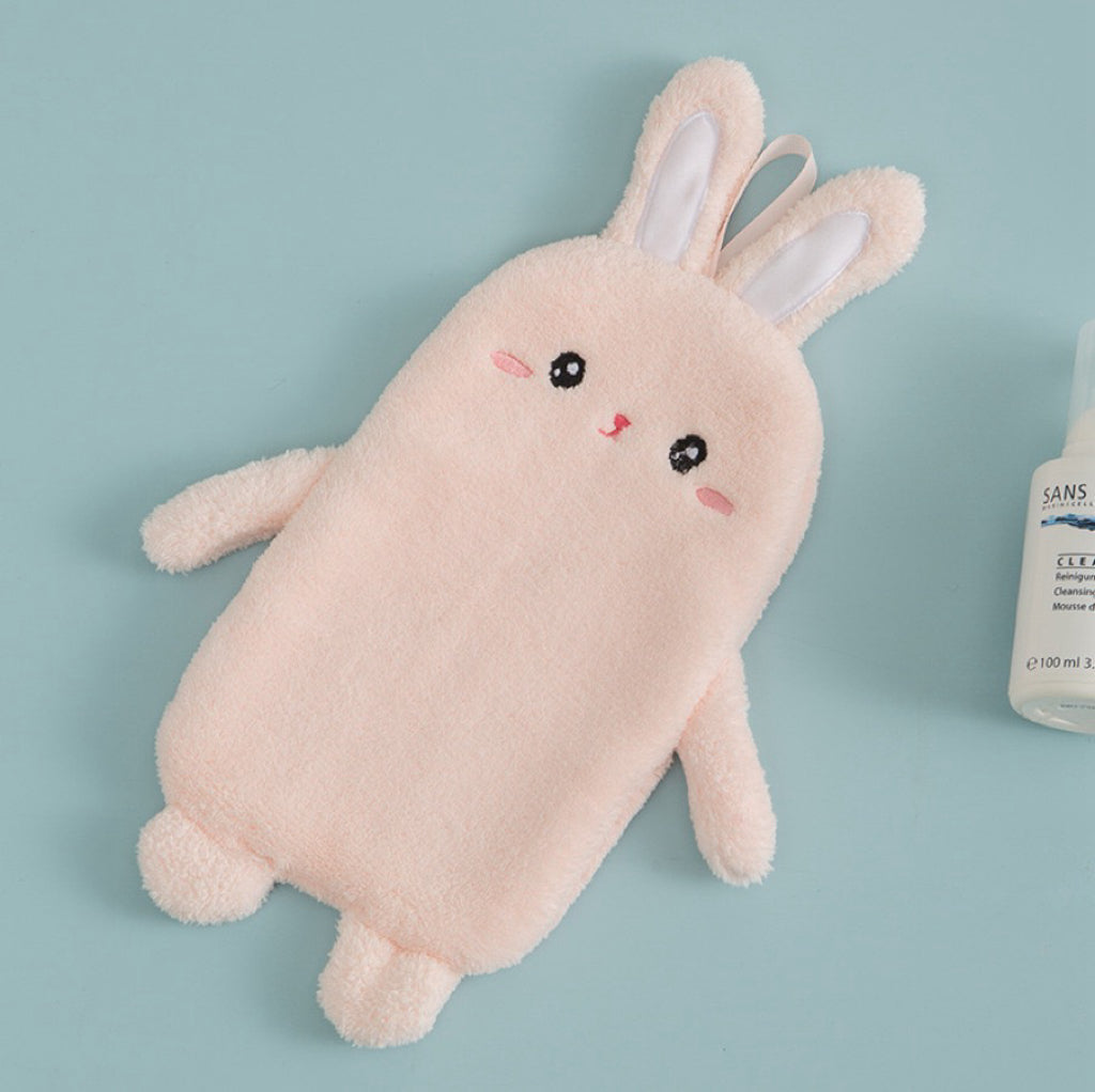 Plush Bunny Full-Body Hanging Hand Towel | 3D Stuffed Toy Design, Ultra-Soft Coral Fleece