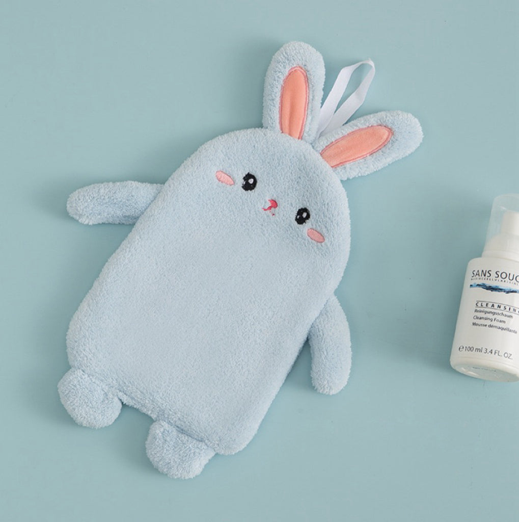 Plush Bunny Full-Body Hanging Hand Towel | 3D Stuffed Toy Design, Ultra-Soft Coral Fleece
