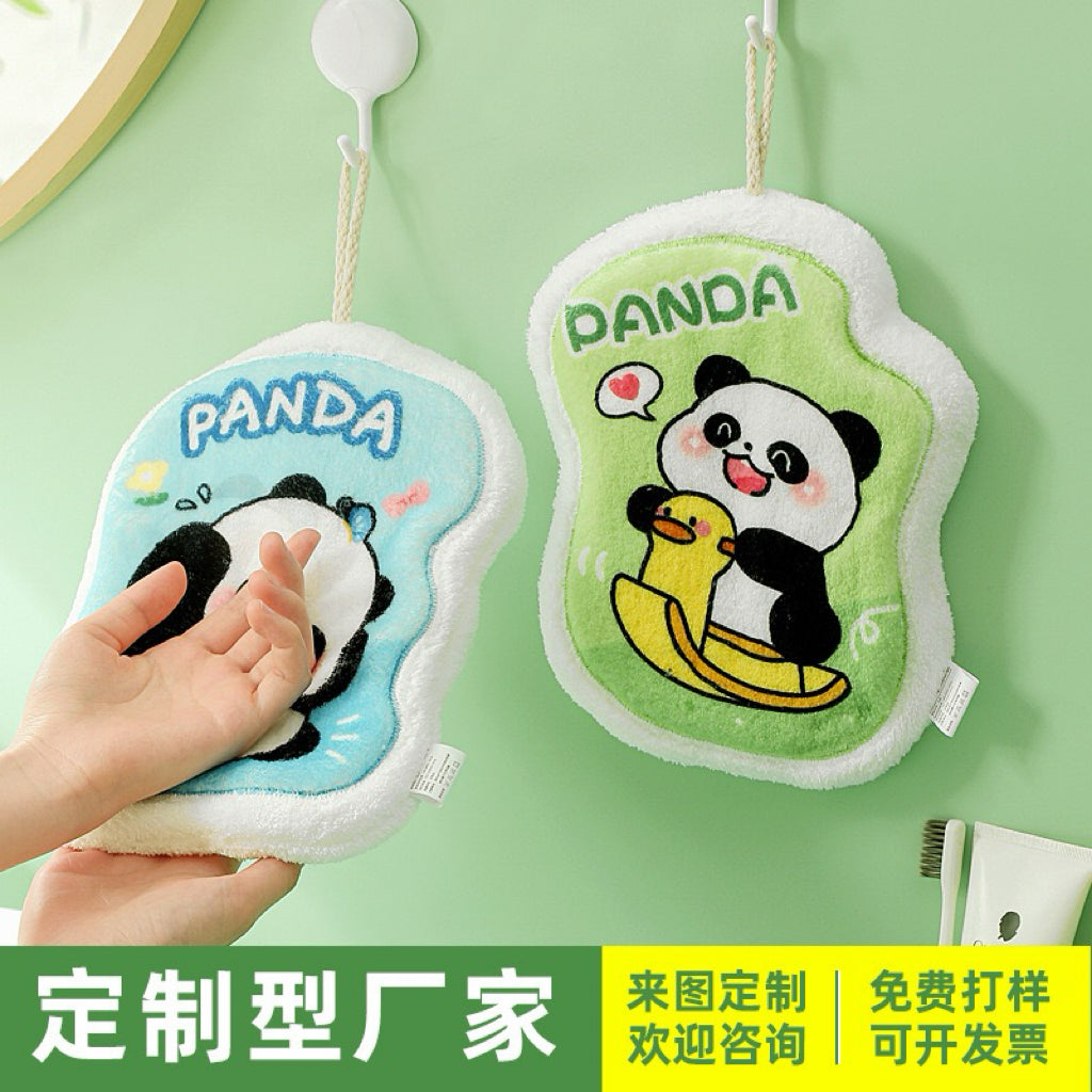 Panda Print Fluffy Border Hanging Hand Towel | 4 Colors, 19×24cm Thick Plush Edge
