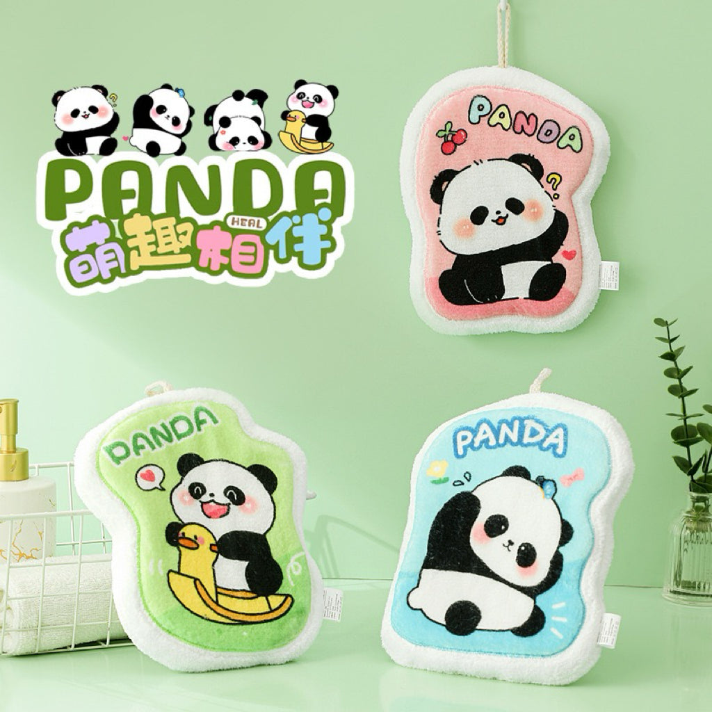 Panda Print Fluffy Border Hanging Hand Towel | 4 Colors, 19×24cm Thick Plush Edge