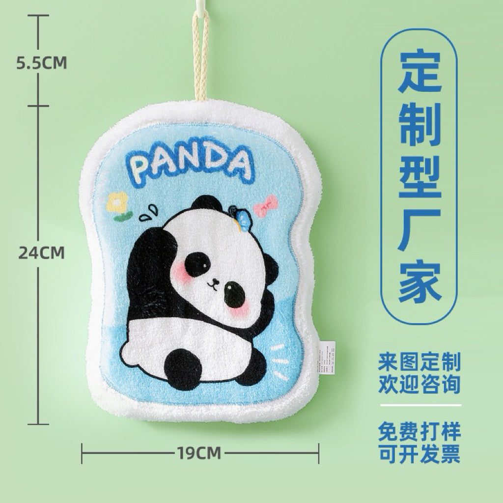 Panda Print Fluffy Border Hanging Hand Towel | 4 Colors, 19×24cm Thick Plush Edge