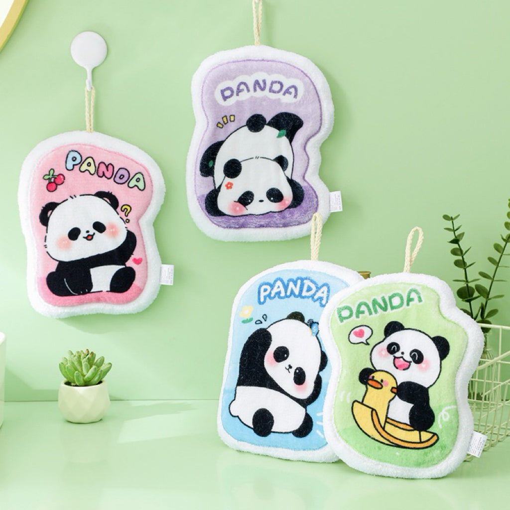 Panda Print Fluffy Border Hanging Hand Towel | 4 Colors, 19×24cm Thick Plush Edge
