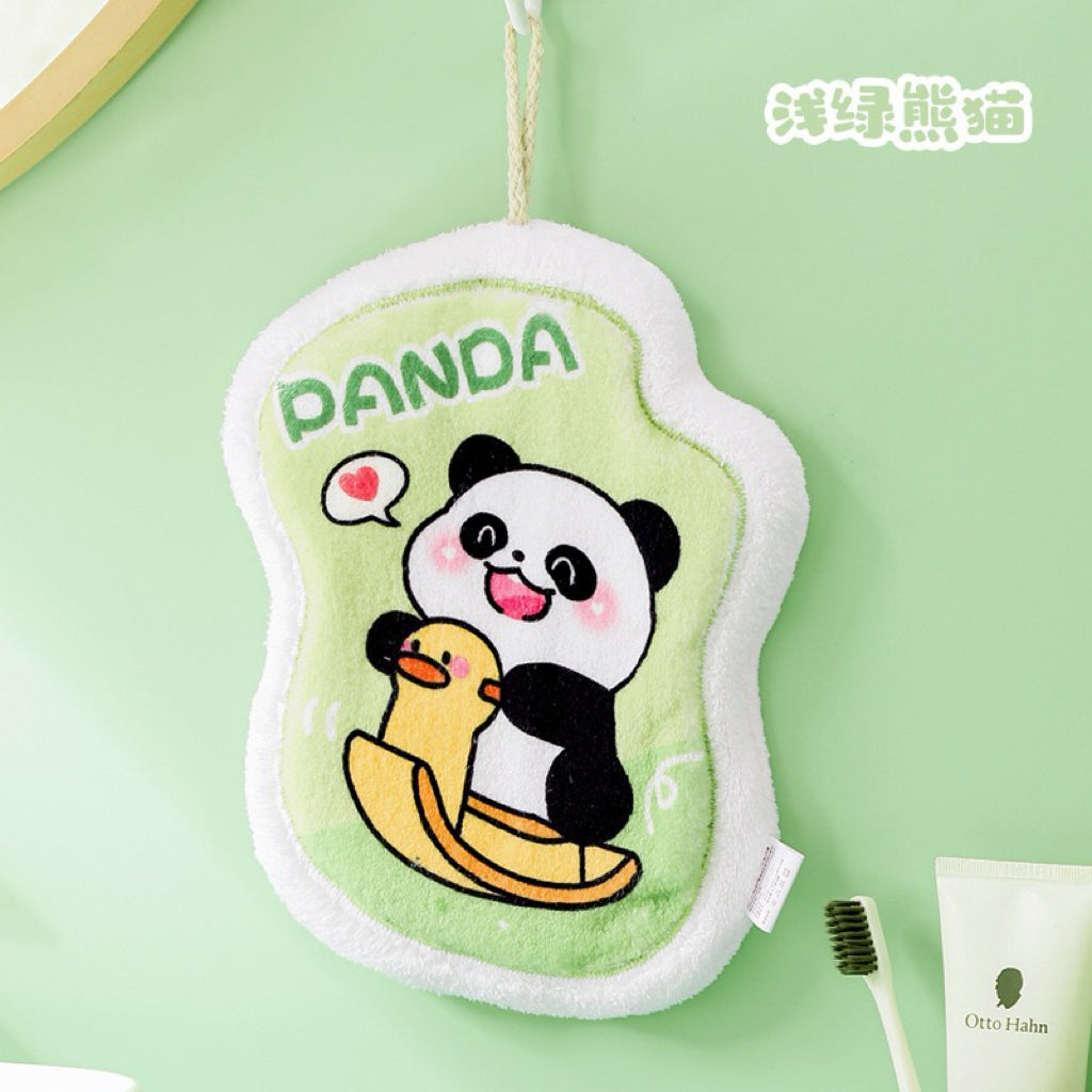 Panda Print Fluffy Border Hanging Hand Towel | 4 Colors, 19×24cm Thick Plush Edge