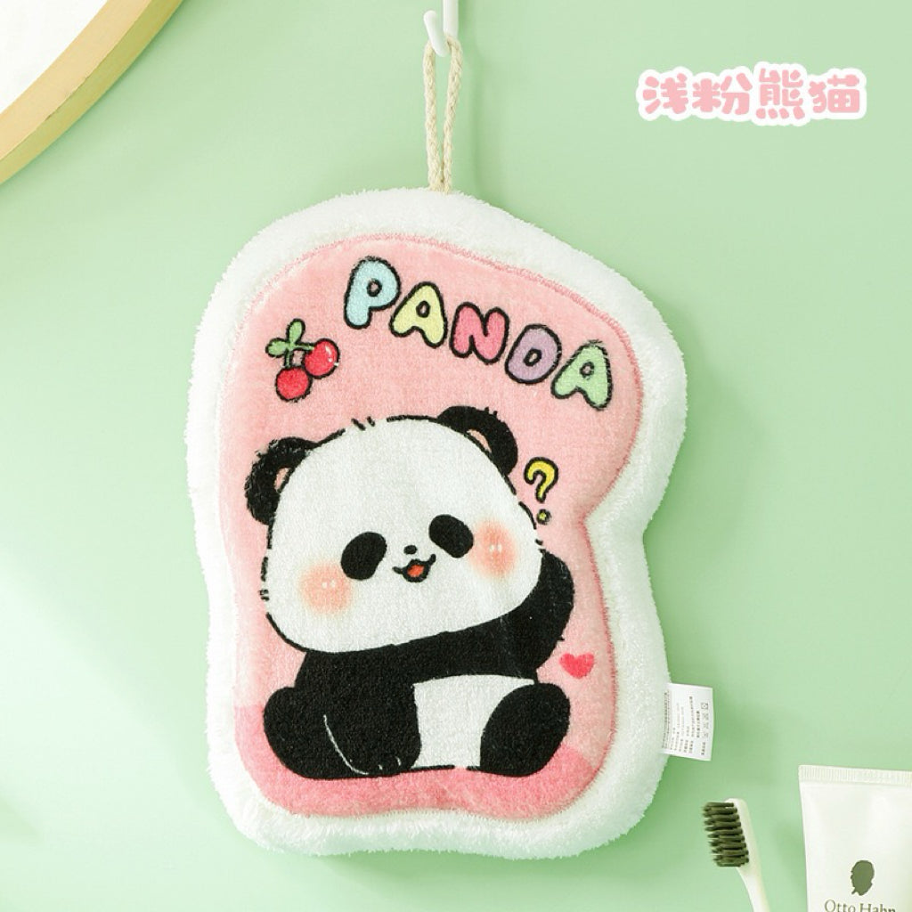 Panda Print Fluffy Border Hanging Hand Towel | 4 Colors, 19×24cm Thick Plush Edge