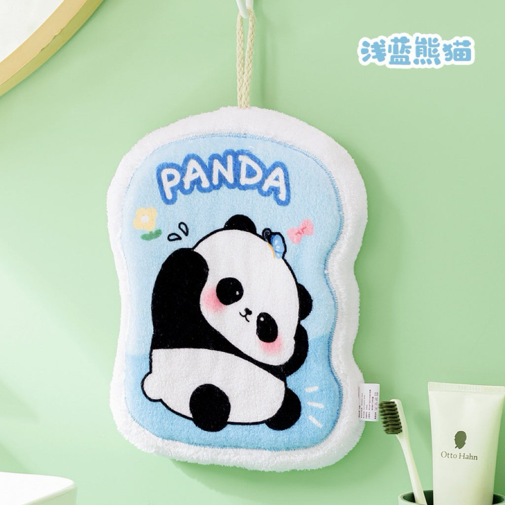 Panda Print Fluffy Border Hanging Hand Towel | 4 Colors, 19×24cm Thick Plush Edge