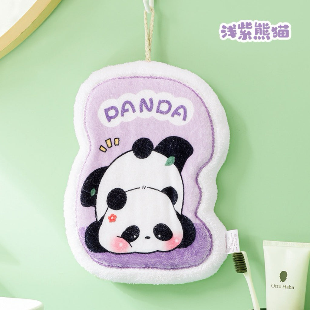 Panda Print Fluffy Border Hanging Hand Towel | 4 Colors, 19×24cm Thick Plush Edge