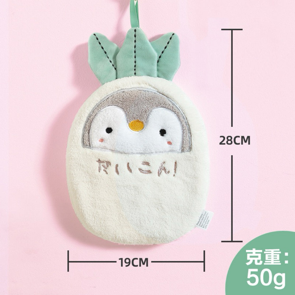 Daikon Penguin Hanging Hand Towel | Japanese "だいこん" Style, 4 Colors, Double-Layer Coral Fleece