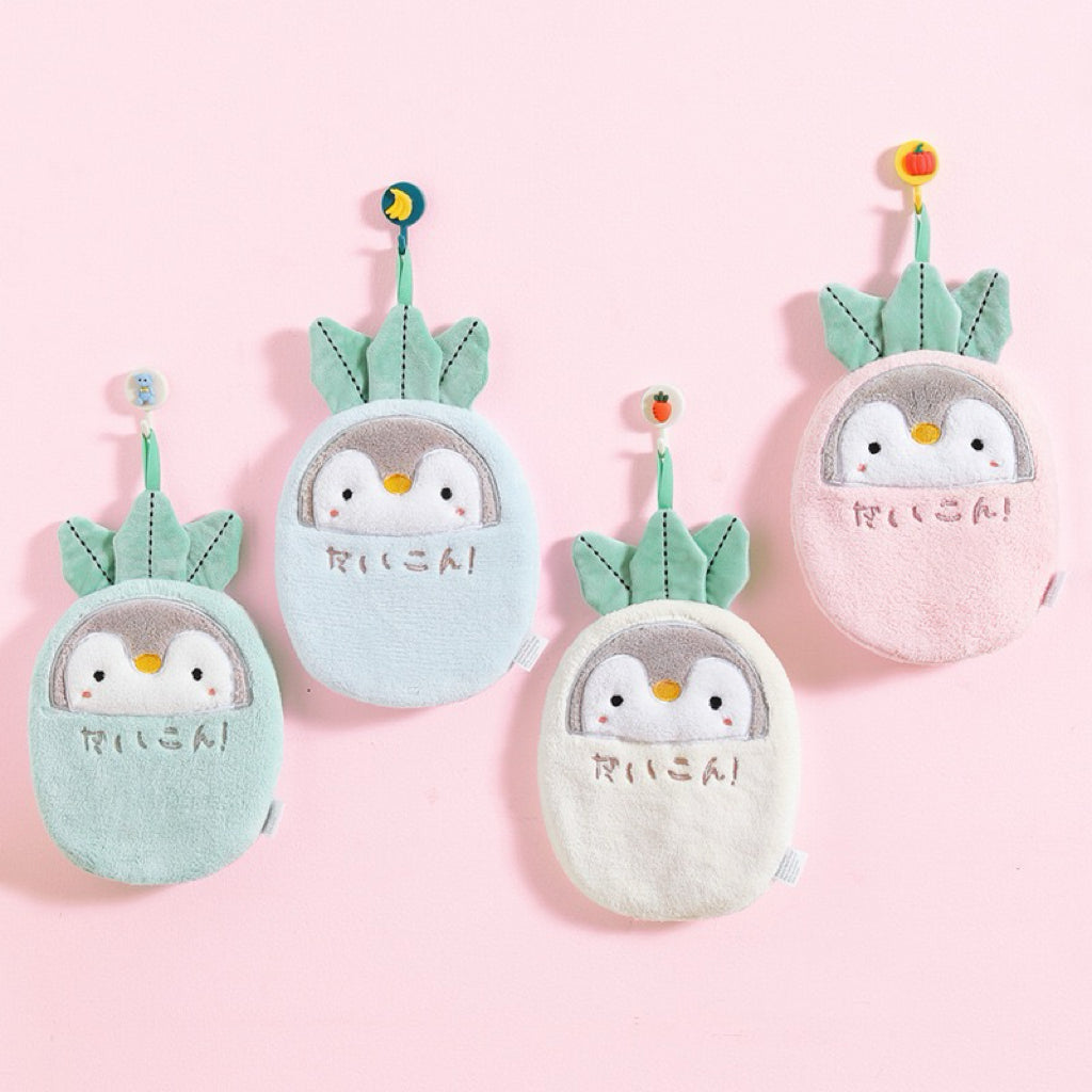 Daikon Penguin Hanging Hand Towel | Japanese "だいこん" Style, 4 Colors, Double-Layer Coral Fleece