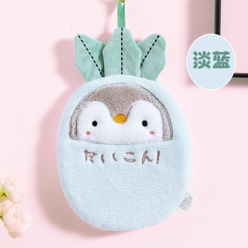 Daikon Penguin Hanging Hand Towel | Japanese "だいこん" Style, 4 Colors, Double-Layer Coral Fleece
