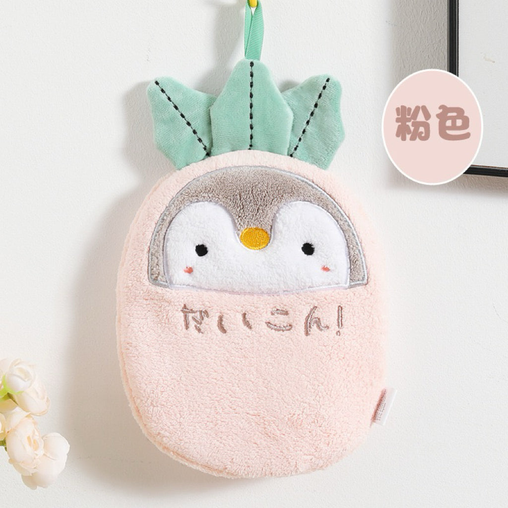 Daikon Penguin Hanging Hand Towel | Japanese "だいこん" Style, 4 Colors, Double-Layer Coral Fleece