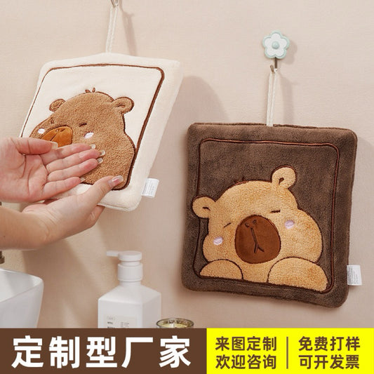 Capybara Square Plush Hanging Hand Towel | 3D Raised Embroidery, Large Format, 4 Colors