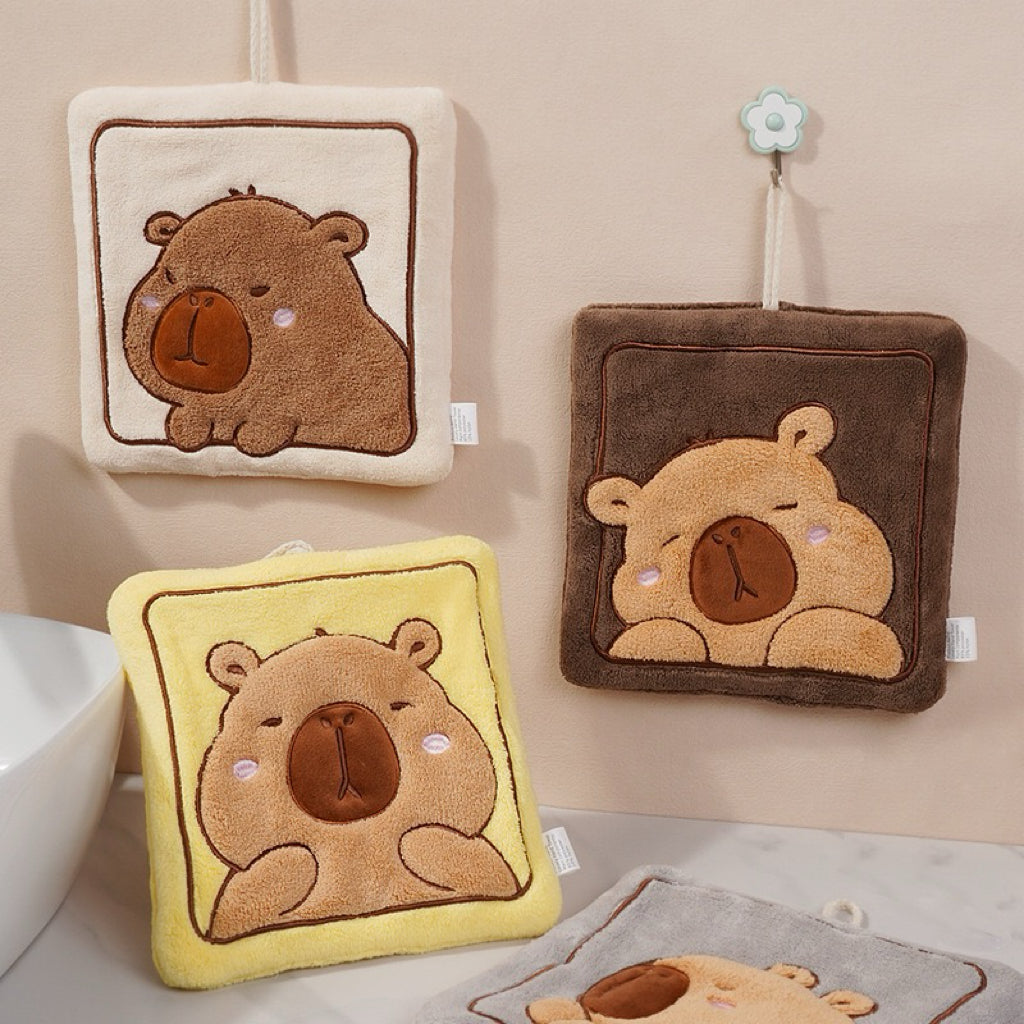 Capybara Square Plush Hanging Hand Towel | 3D Raised Embroidery, Large Format, 4 Colors
