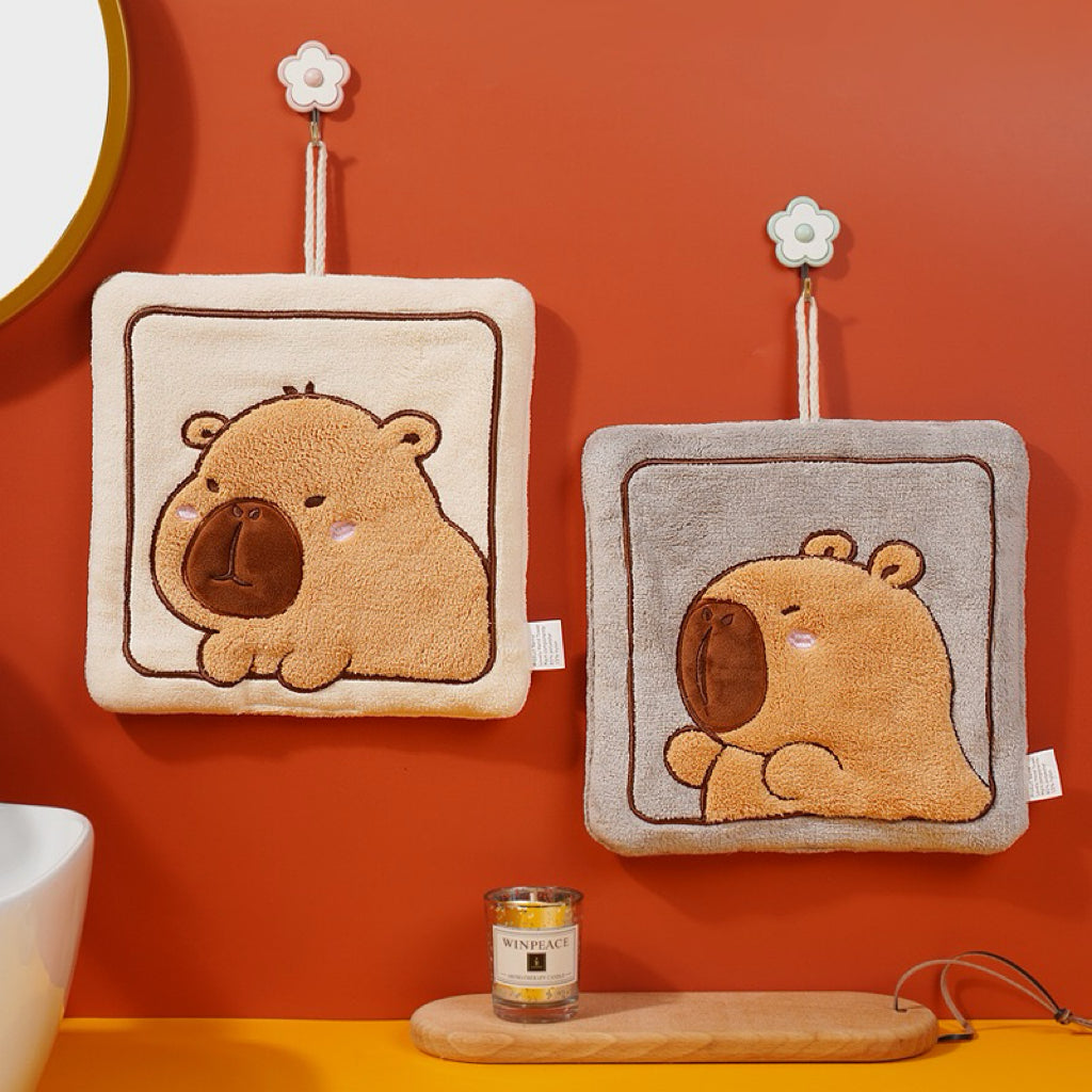 Capybara Square Plush Hanging Hand Towel | 3D Raised Embroidery, Large Format, 4 Colors