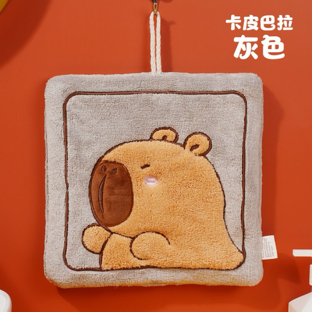 Capybara Square Plush Hanging Hand Towel | 3D Raised Embroidery, Large Format, 4 Colors