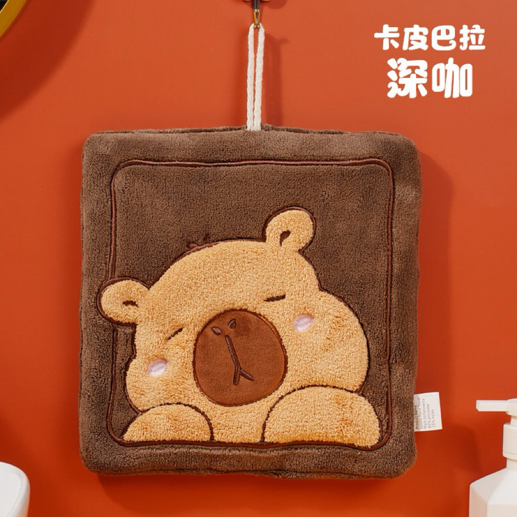 Capybara Square Plush Hanging Hand Towel | 3D Raised Embroidery, Large Format, 4 Colors