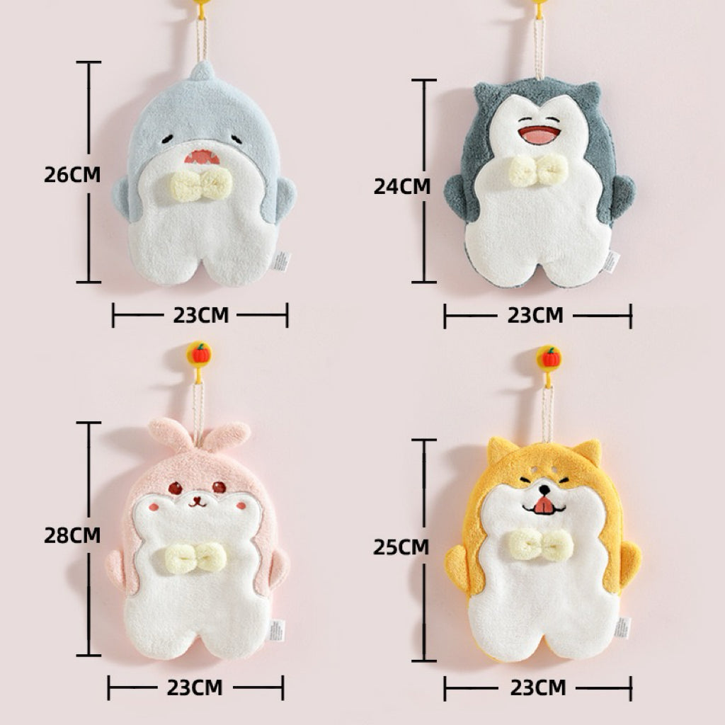 Hands-In Plush Animal Hanging Hand Towel | 4 Characters, 3D Pompom, Interactive Drying Fun