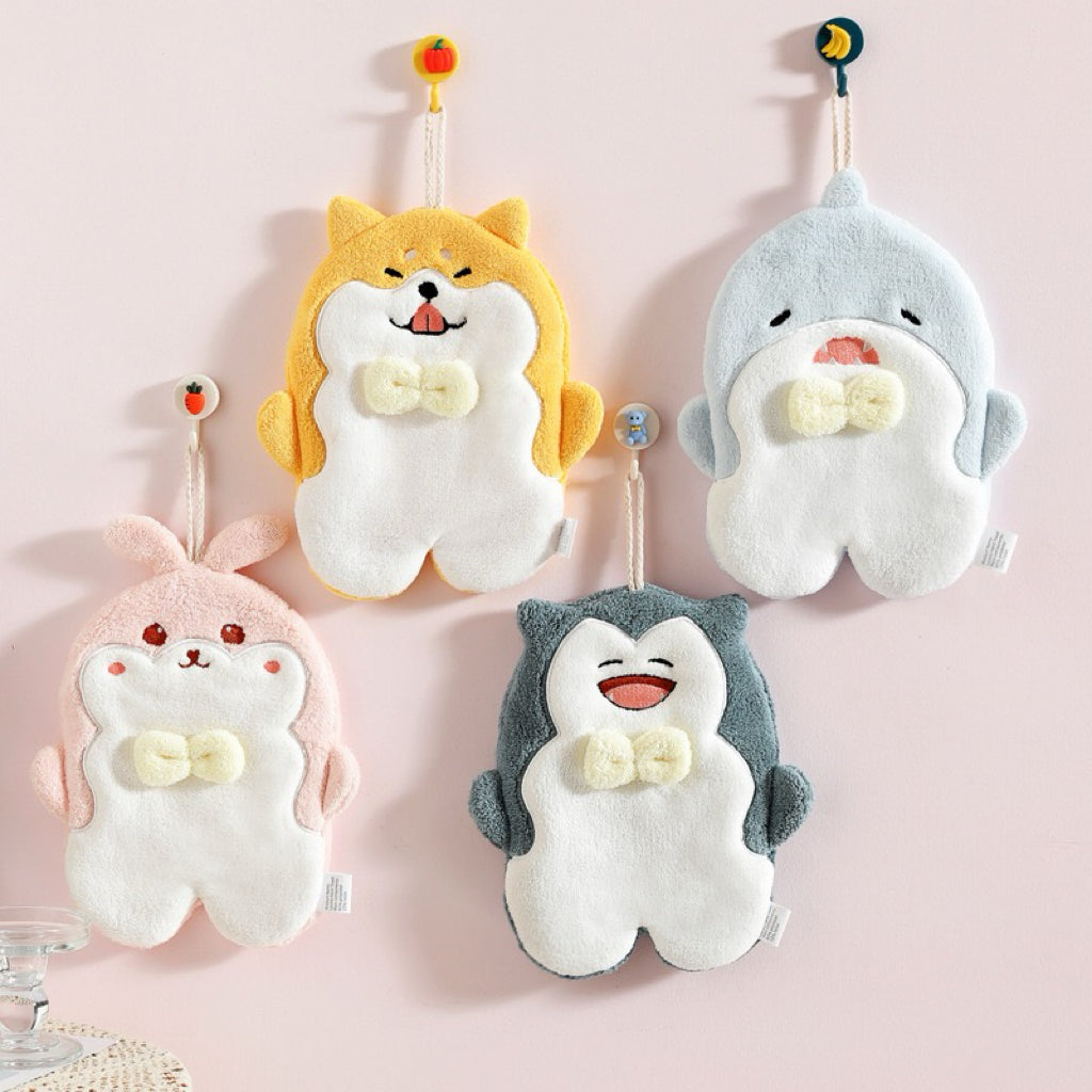 Hands-In Plush Animal Hanging Hand Towel | 4 Characters, 3D Pompom, Interactive Drying Fun