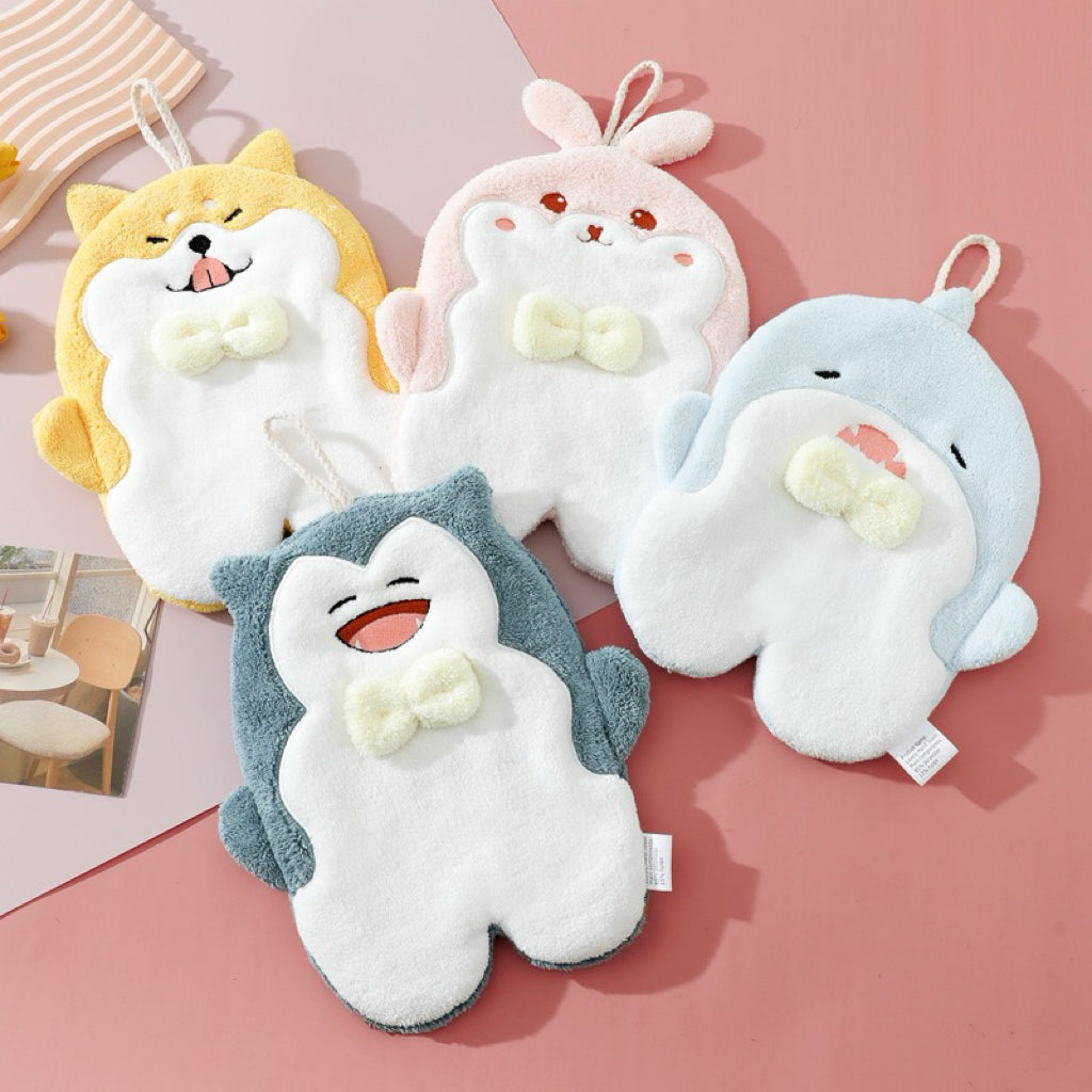 Hands-In Plush Animal Hanging Hand Towel | 4 Characters, 3D Pompom, Interactive Drying Fun