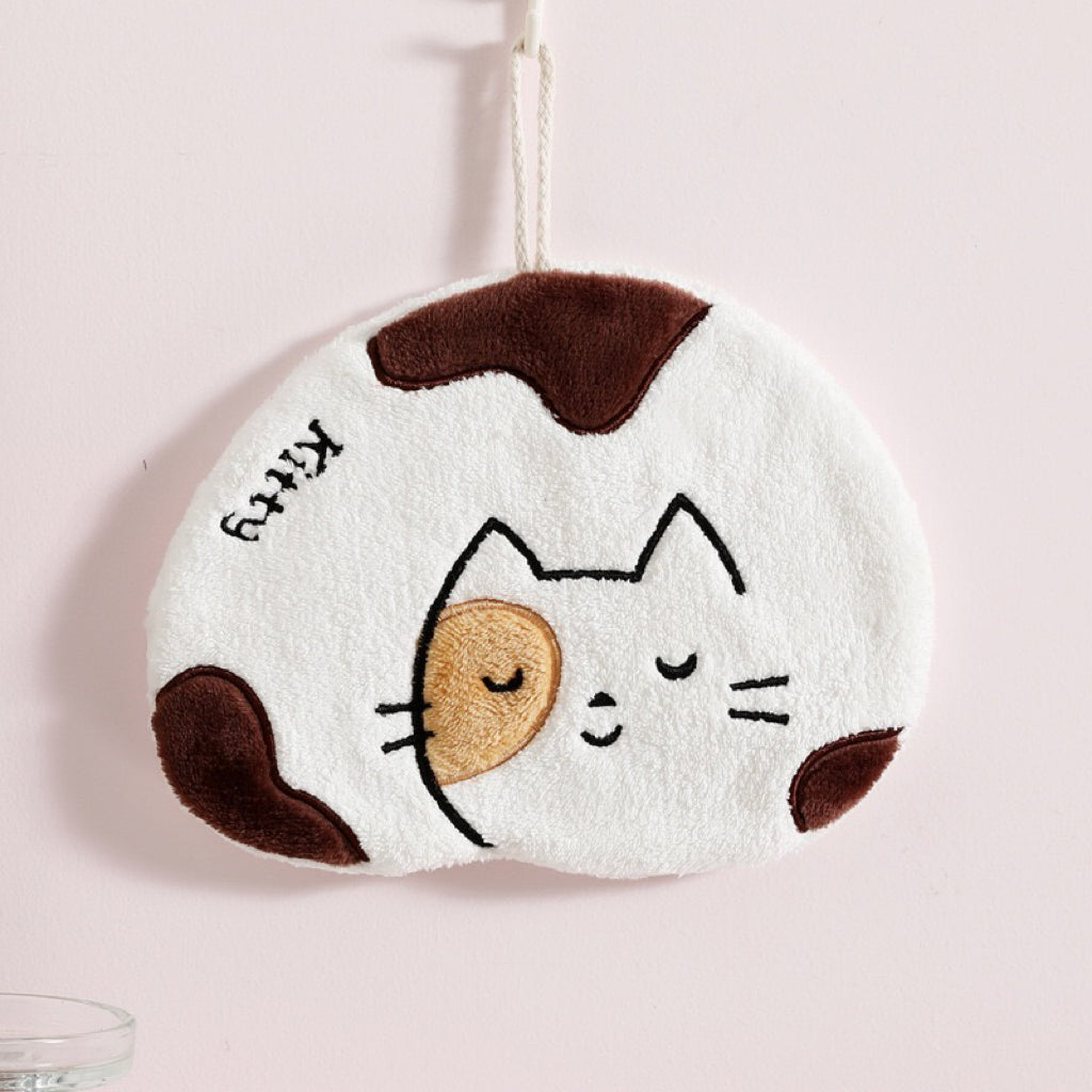 Sleepy Kitty Round Hanging Hand Towel | Japanese Minimalist, Embroidered Coral Fleece