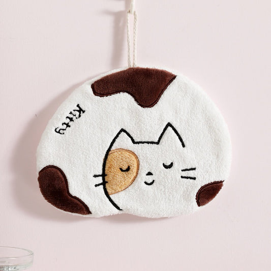 Sleepy Kitty Round Hanging Hand Towel | Japanese Minimalist, Embroidered Coral Fleece