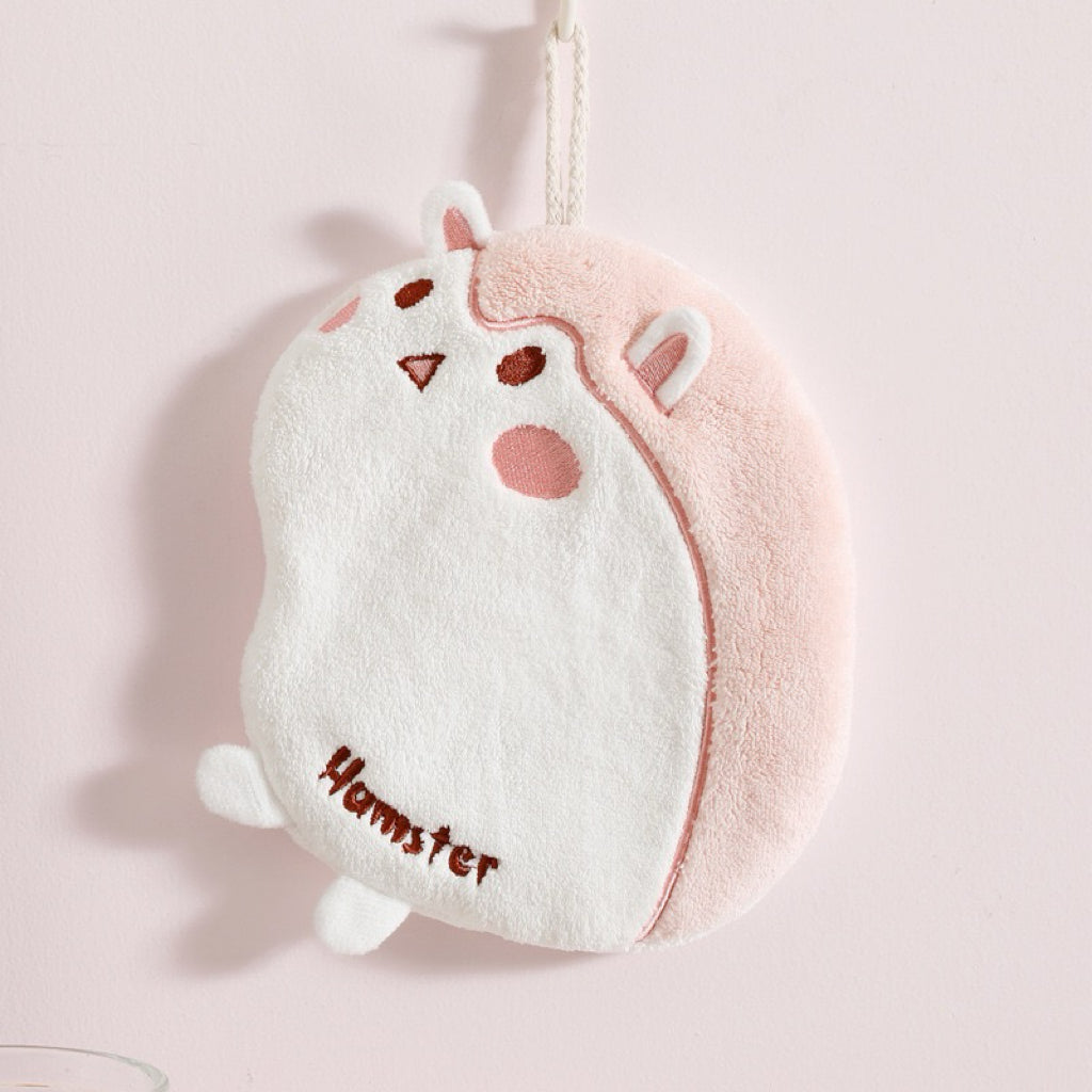 Sleepy Kitty Round Hanging Hand Towel | Japanese Minimalist, Embroidered Coral Fleece