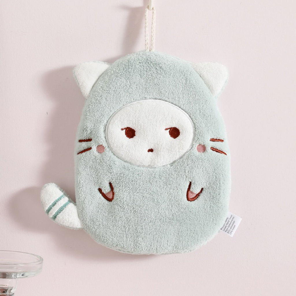 Sleepy Kitty Round Hanging Hand Towel | Japanese Minimalist, Embroidered Coral Fleece